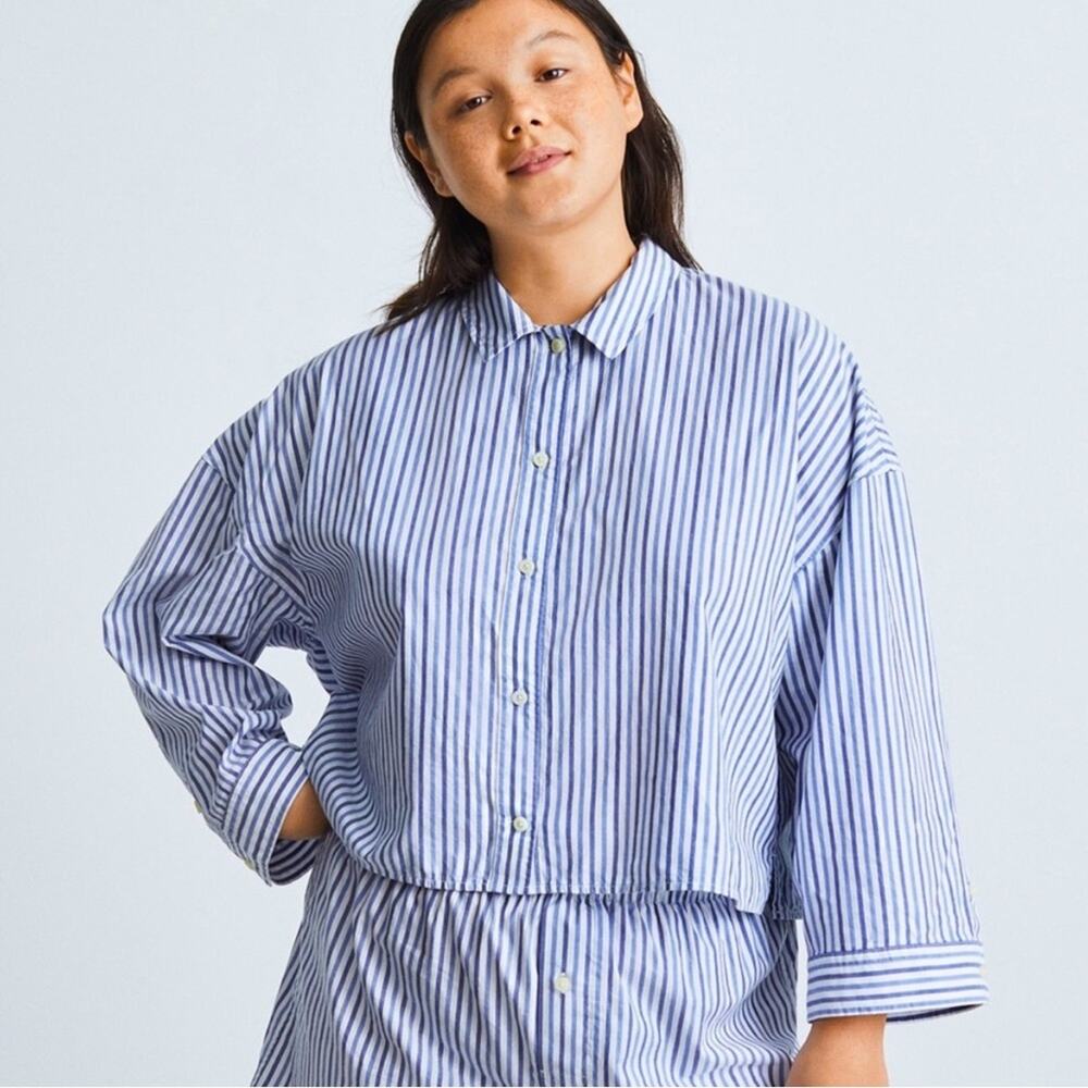 Everlane Cotton PJ Boxy Crop Button Front Blue & White Striped Long Sleeve Top